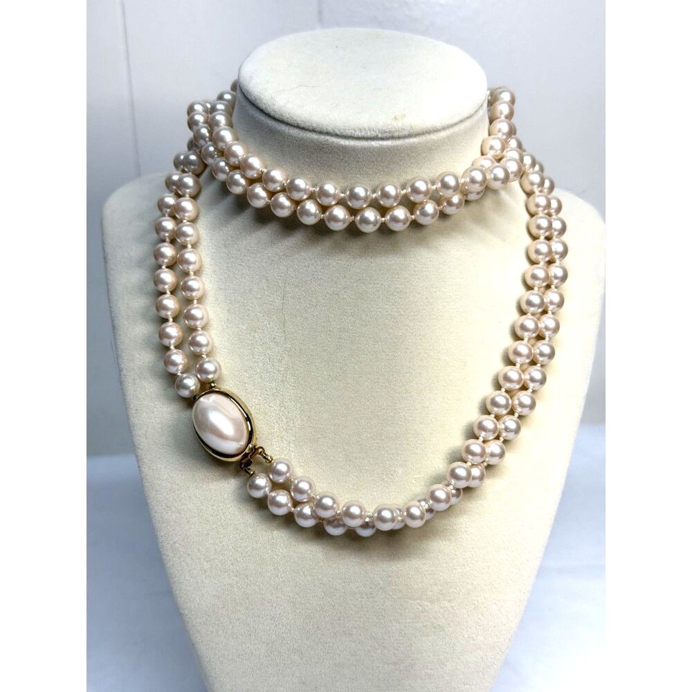 Vintage Double Strand Cream Knotted Faux Pearls & Faux Stone 28"